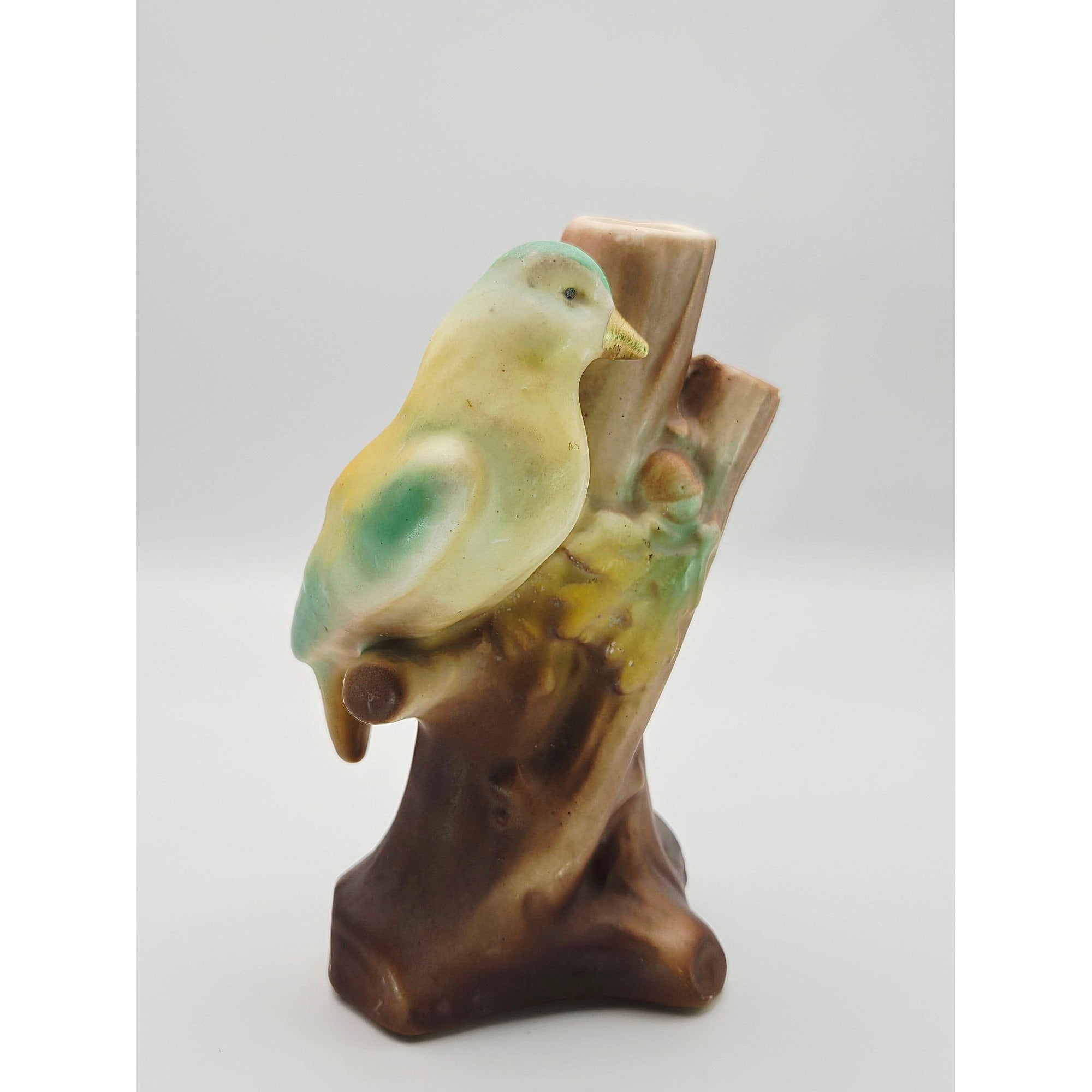 Vintage Ceramic Bird Figurine Vase 3 hole On Tree Stump Hand-Painted