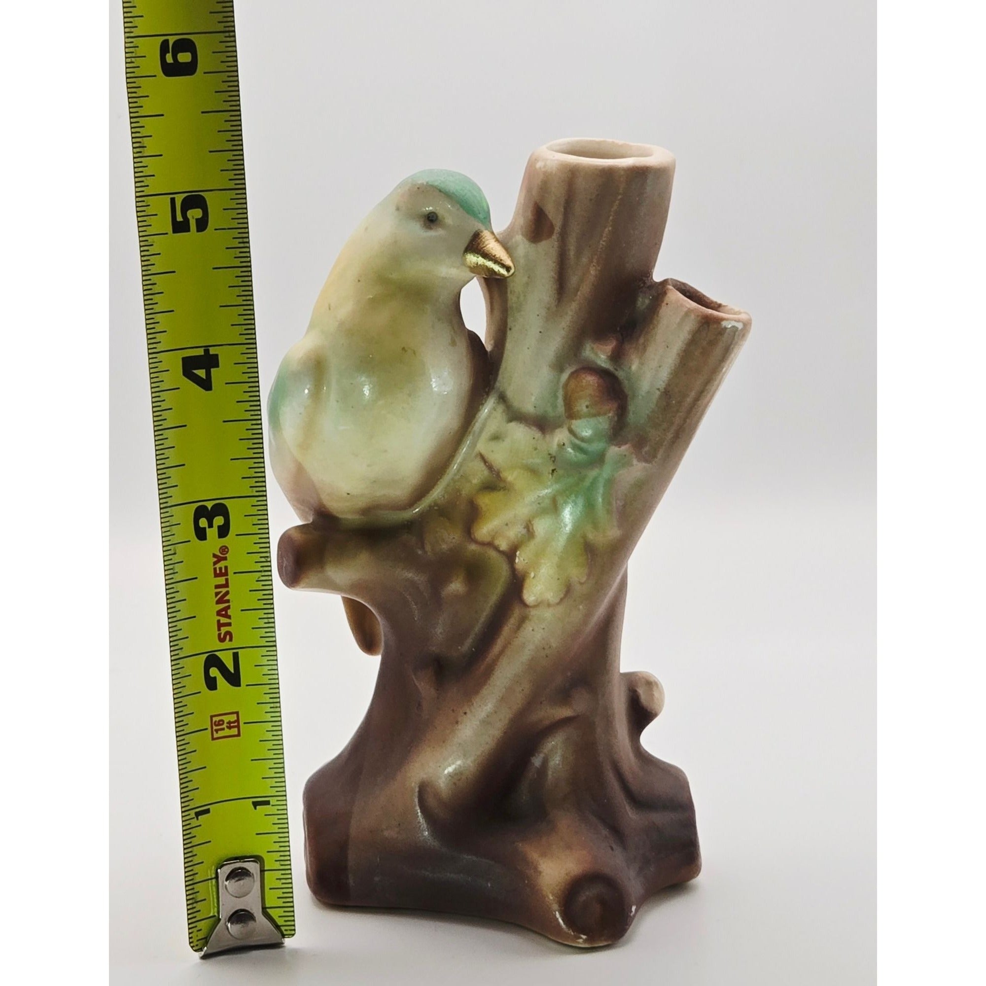 Vintage Ceramic Bird Figurine Vase 3 hole On Tree Stump Hand-Painted