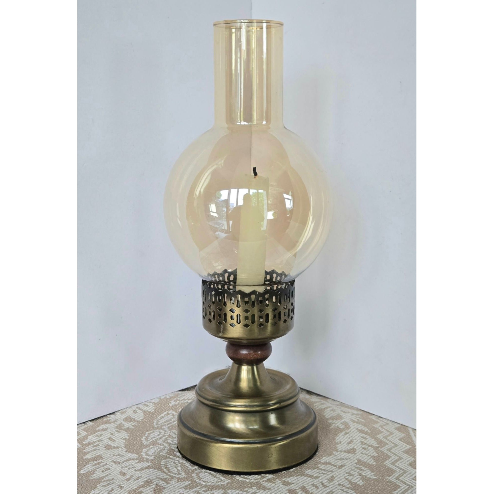 Vintage Brass Hurricane Candle Holder With Amber Glass Globe - Elegant Home Décor Piece