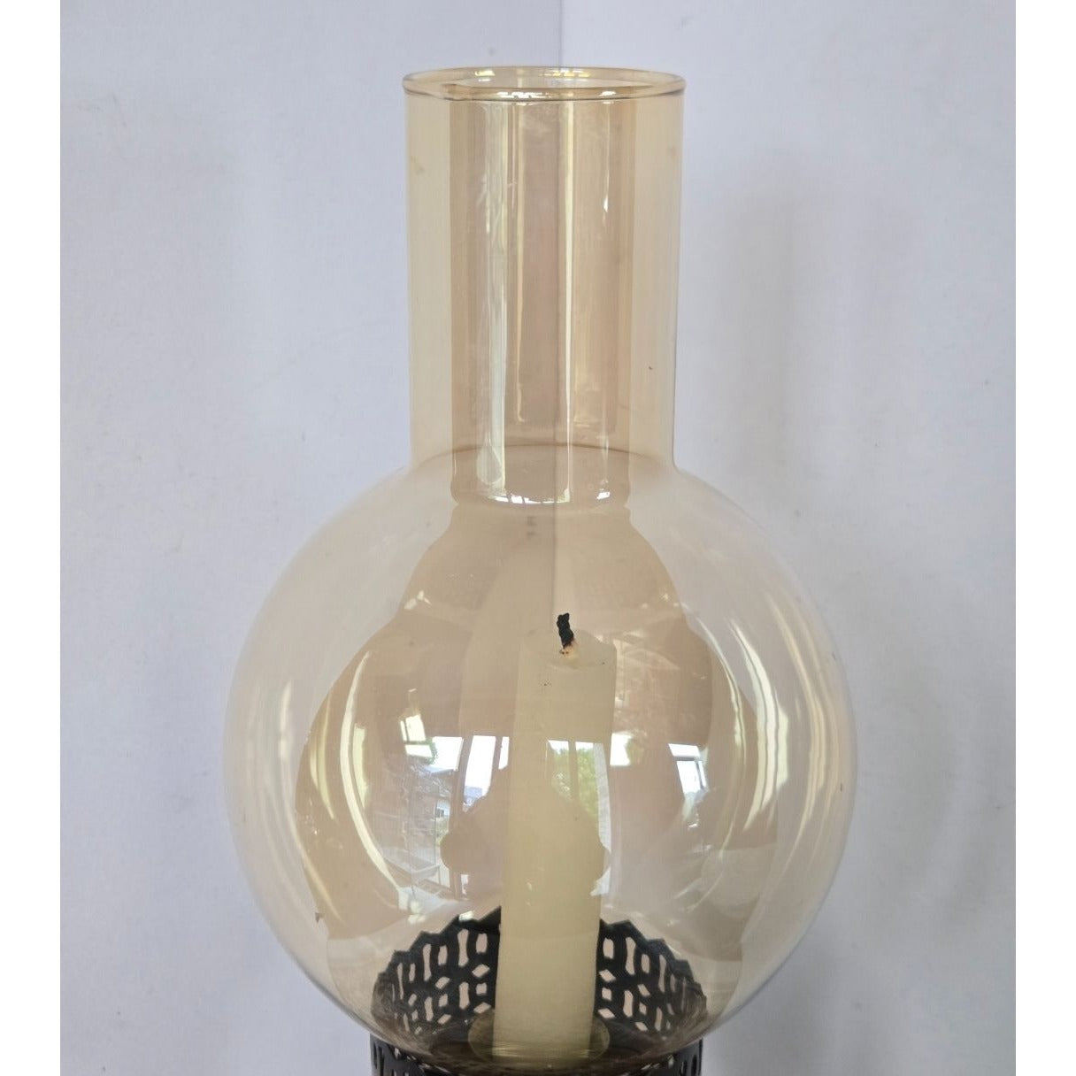 Vintage Brass Hurricane Candle Holder With Amber Glass Globe - Elegant Home Décor Piece
