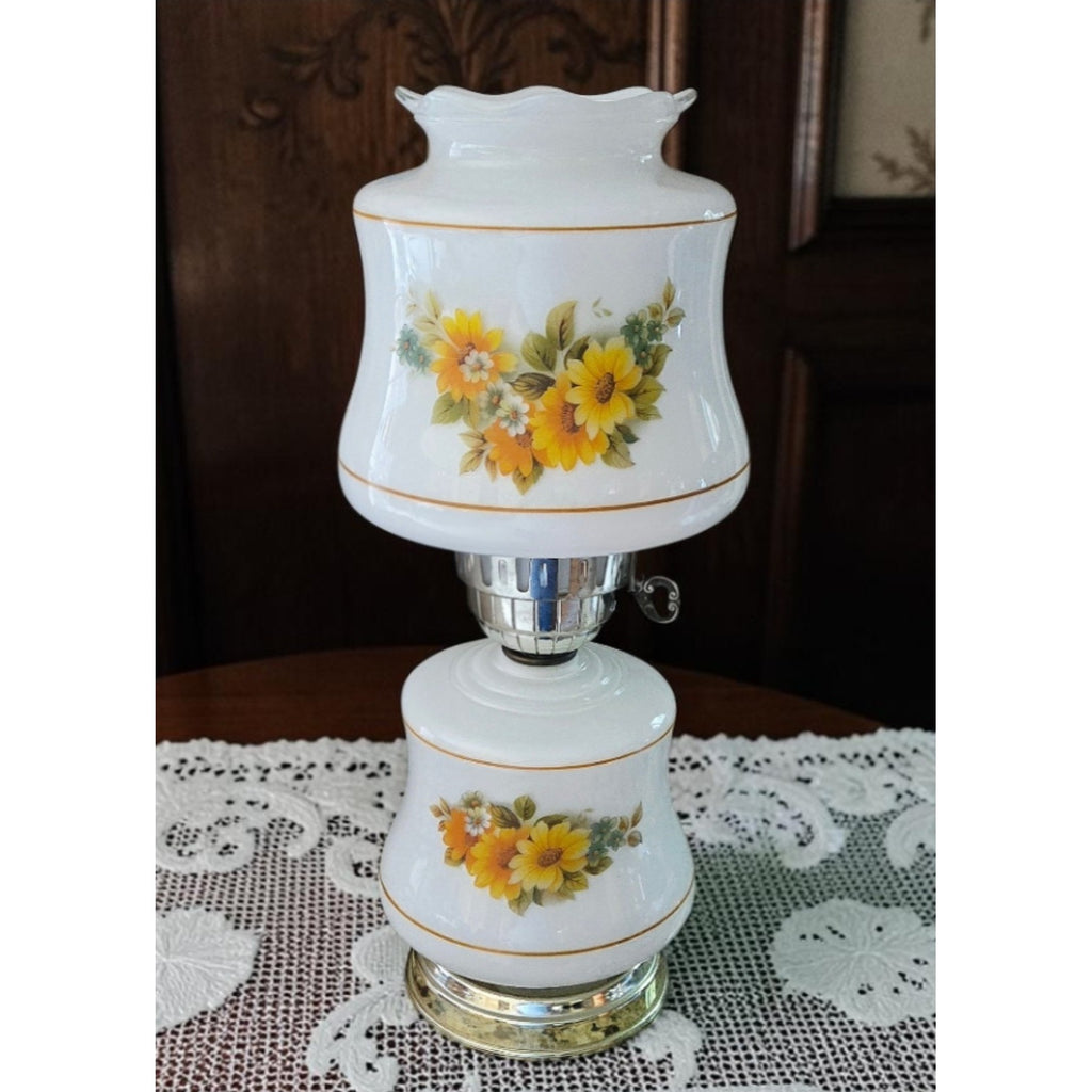 Vintage Milk Glass Yellow Floral Daisy Table Lamp, GWTW Style, 3-Way Light