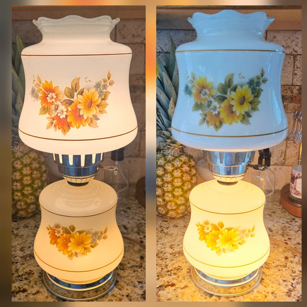 Vintage Milk Glass Yellow Floral Daisy Table Lamp, GWTW Style, 3-Way Light