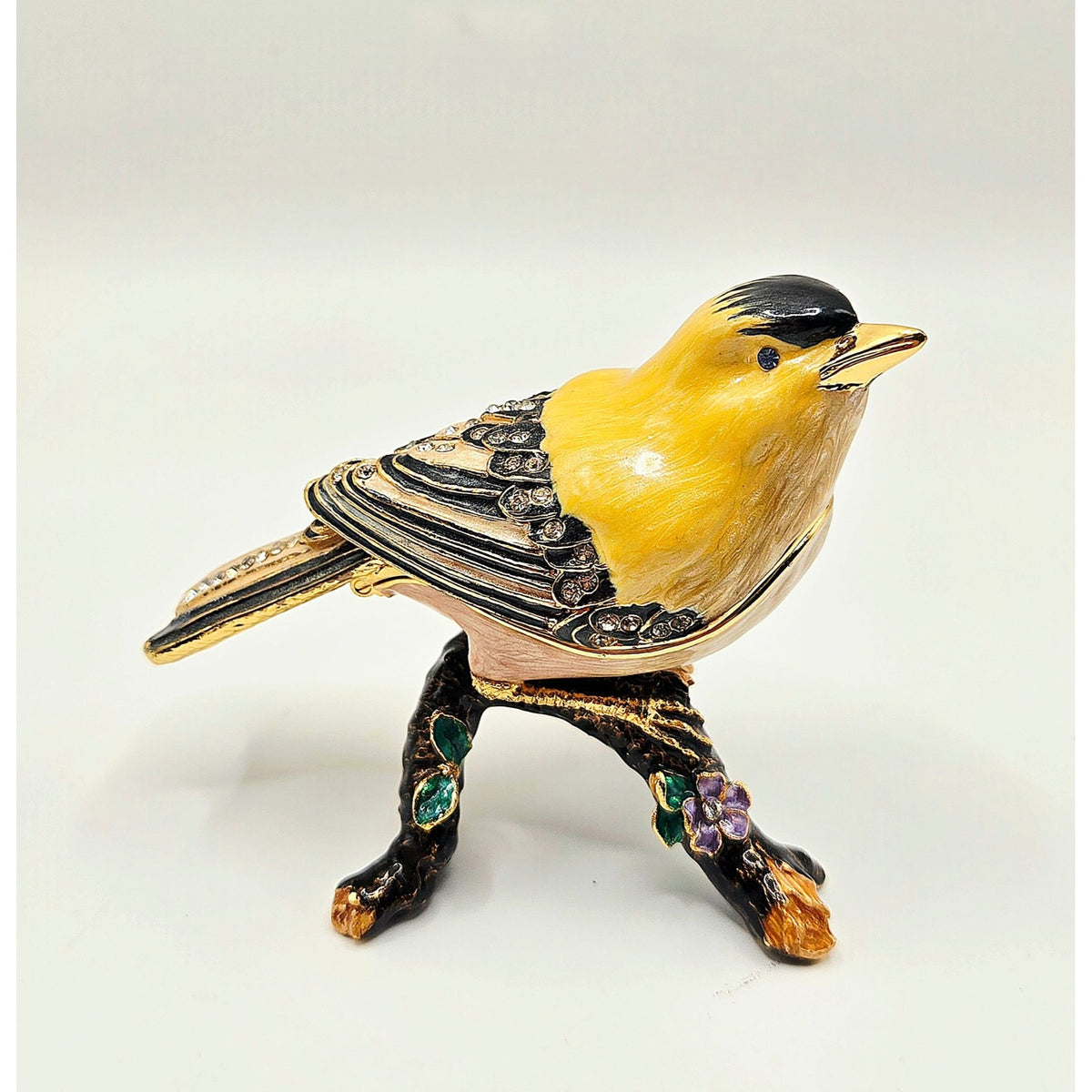 Goldfinch-Inspired Jeweled Trinket Box With Enamel Finish & Rhinestone Details - Hinged Decorative Collectible