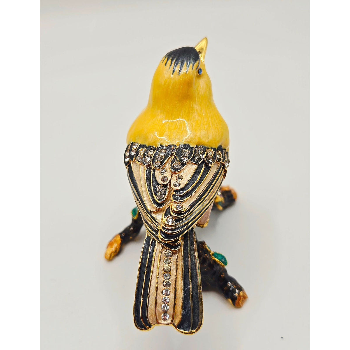 Goldfinch-Inspired Jeweled Trinket Box With Enamel Finish & Rhinestone Details - Hinged Decorative Collectible