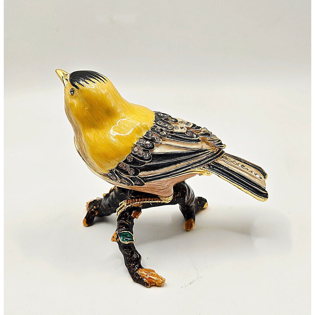 Goldfinch-Inspired Jeweled Trinket Box With Enamel Finish & Rhinestone Details - Hinged Decorative Collectible
