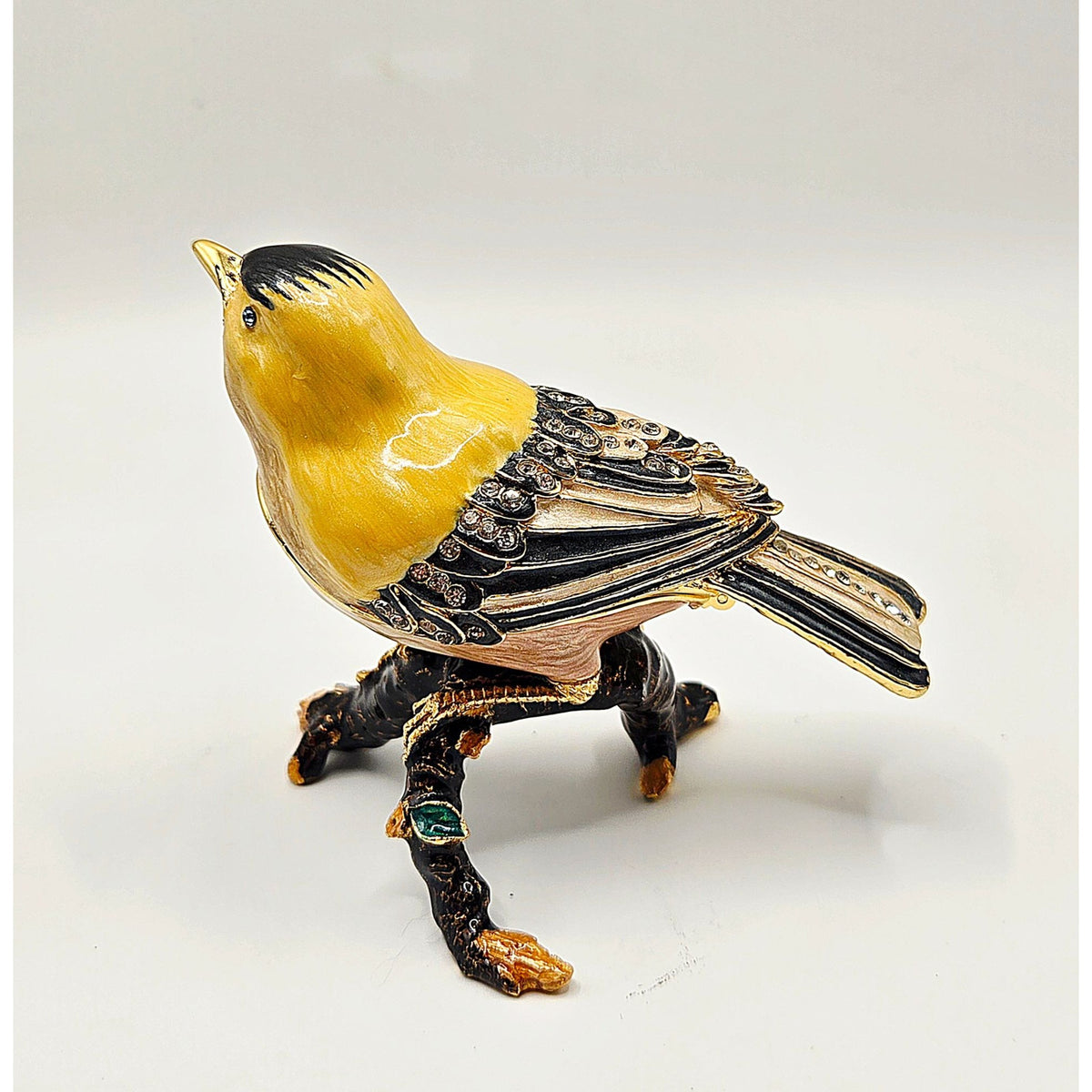 Goldfinch-Inspired Jeweled Trinket Box With Enamel Finish & Rhinestone Details - Hinged Decorative Collectible