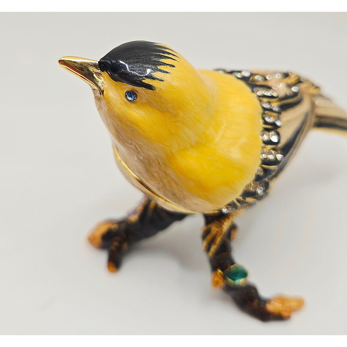 Goldfinch-Inspired Jeweled Trinket Box With Enamel Finish & Rhinestone Details - Hinged Decorative Collectible