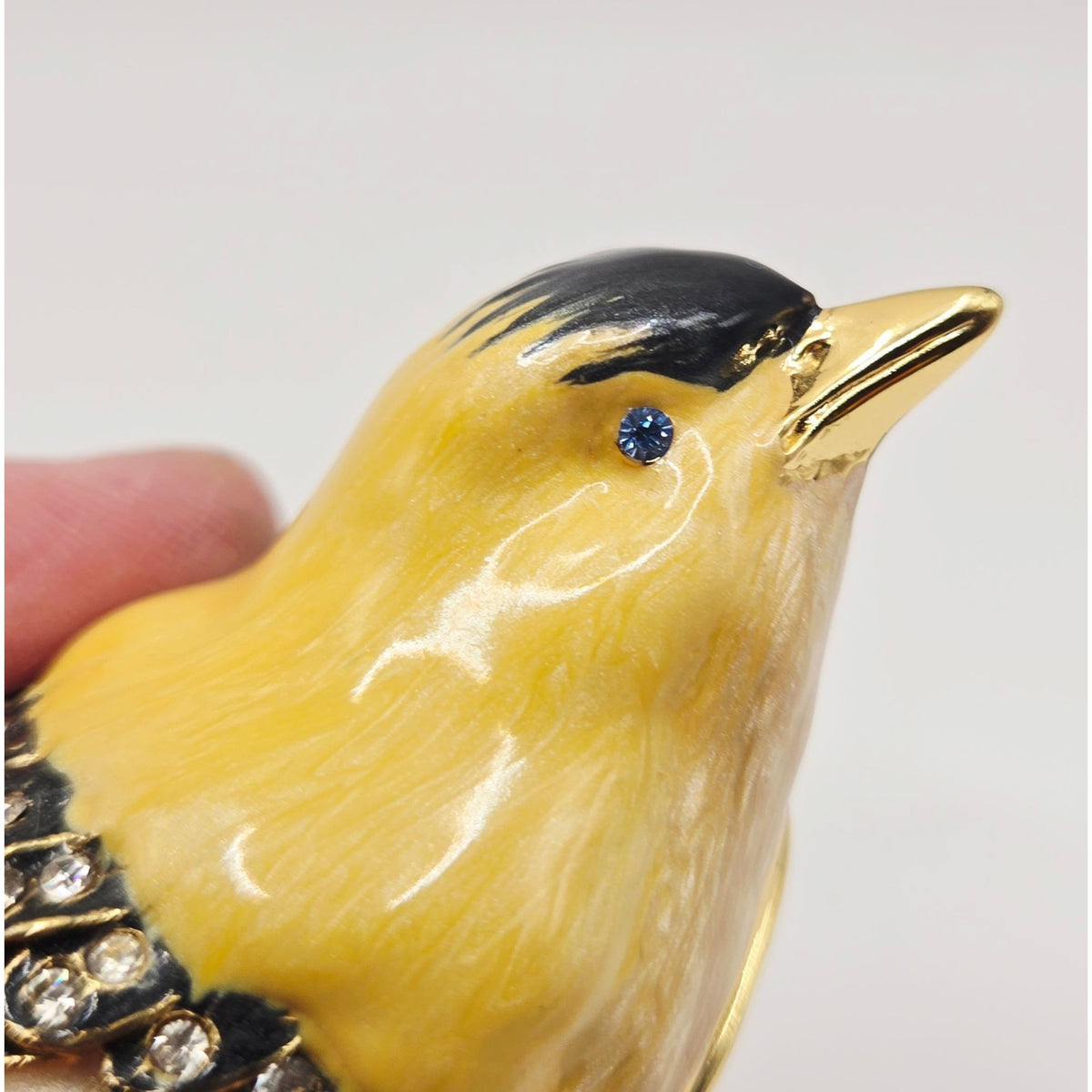 Goldfinch-Inspired Jeweled Trinket Box With Enamel Finish & Rhinestone Details - Hinged Decorative Collectible