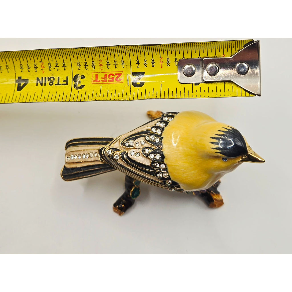 Goldfinch-Inspired Jeweled Trinket Box With Enamel Finish & Rhinestone Details - Hinged Decorative Collectible