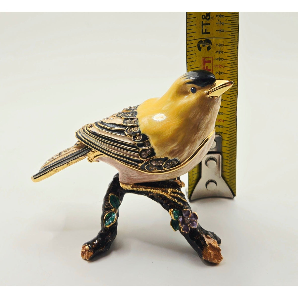 Goldfinch-Inspired Jeweled Trinket Box With Enamel Finish & Rhinestone Details - Hinged Decorative Collectible