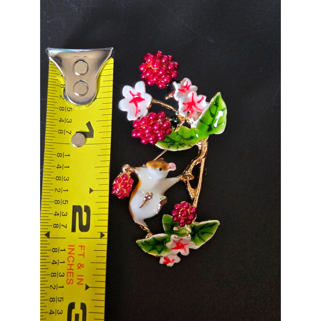 Mouse & Berry Enamel Floral Brooch Pin With Gold-Tone 2.5"