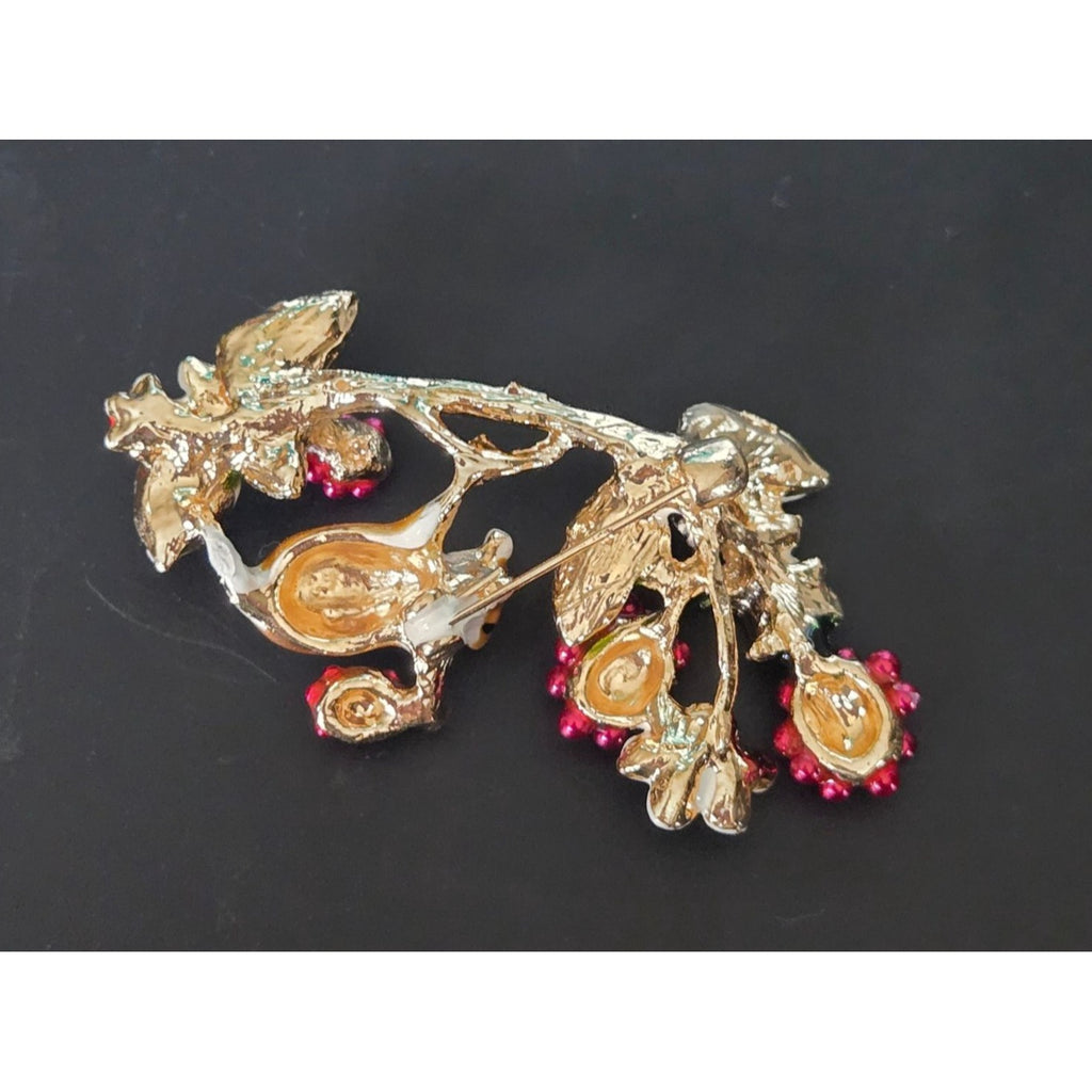 Mouse & Berry Enamel Floral Brooch Pin With Gold-Tone 2.5"