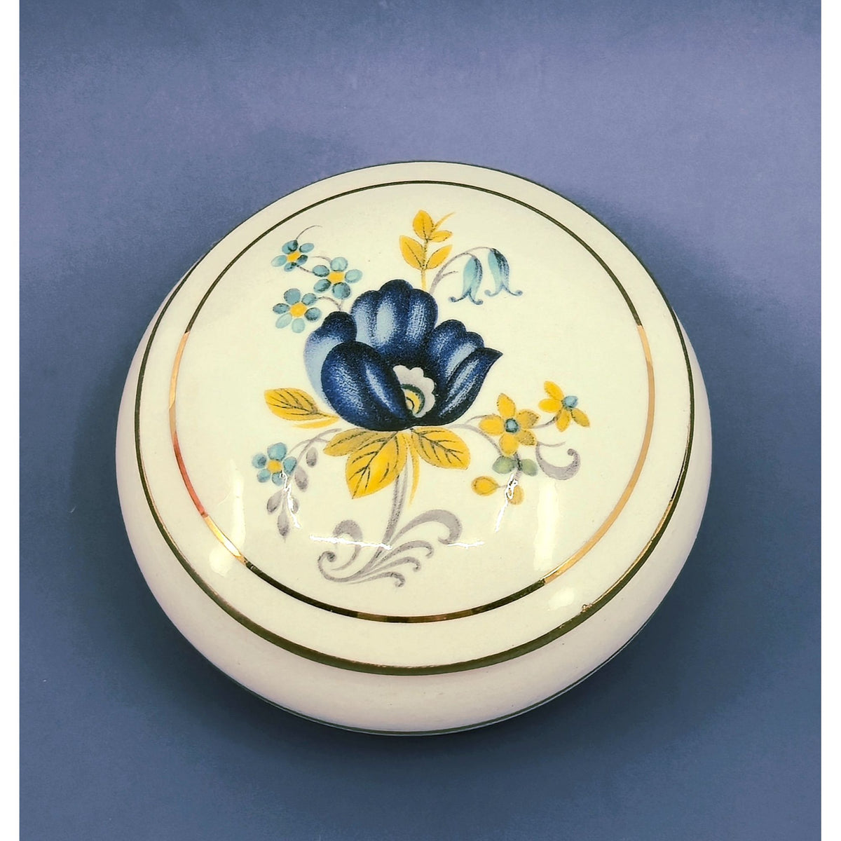 Ceramic Floral Trinket Box Blue Yellow floral Gold,Trim, Round
