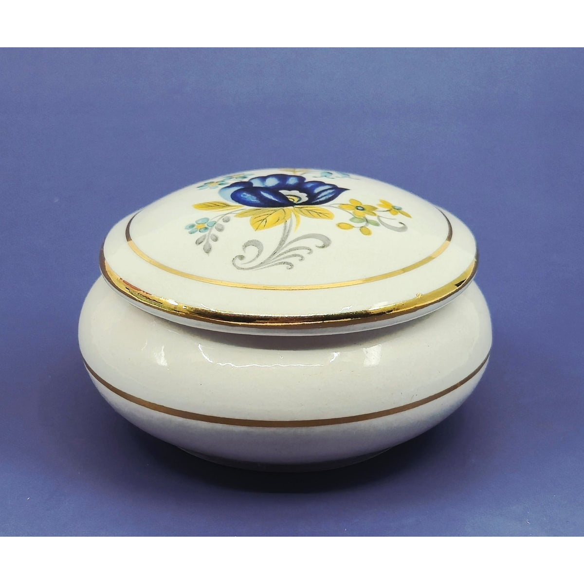 Ceramic Floral Trinket Box Blue Yellow floral Gold,Trim, Round