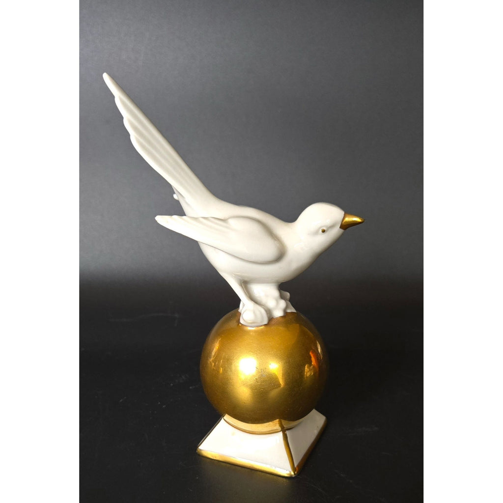 NEU-TETTA Bavarian Porcelain Bird decor, White and Gold, Bird on Ball 5.5", 1930s
