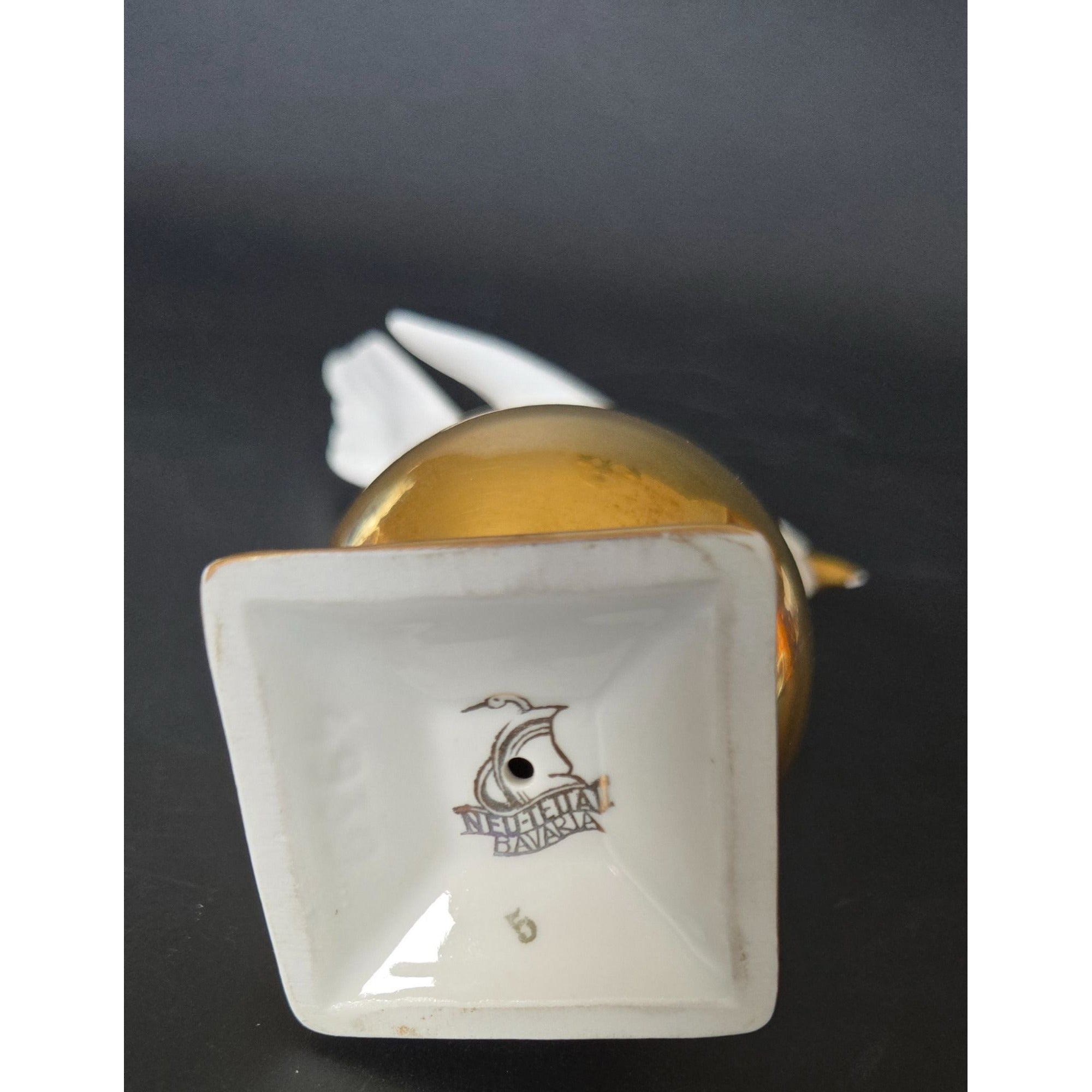 NEU-TETTA Bavarian Porcelain Bird decor, White and Gold, Bird on Ball 5.5", 1930s