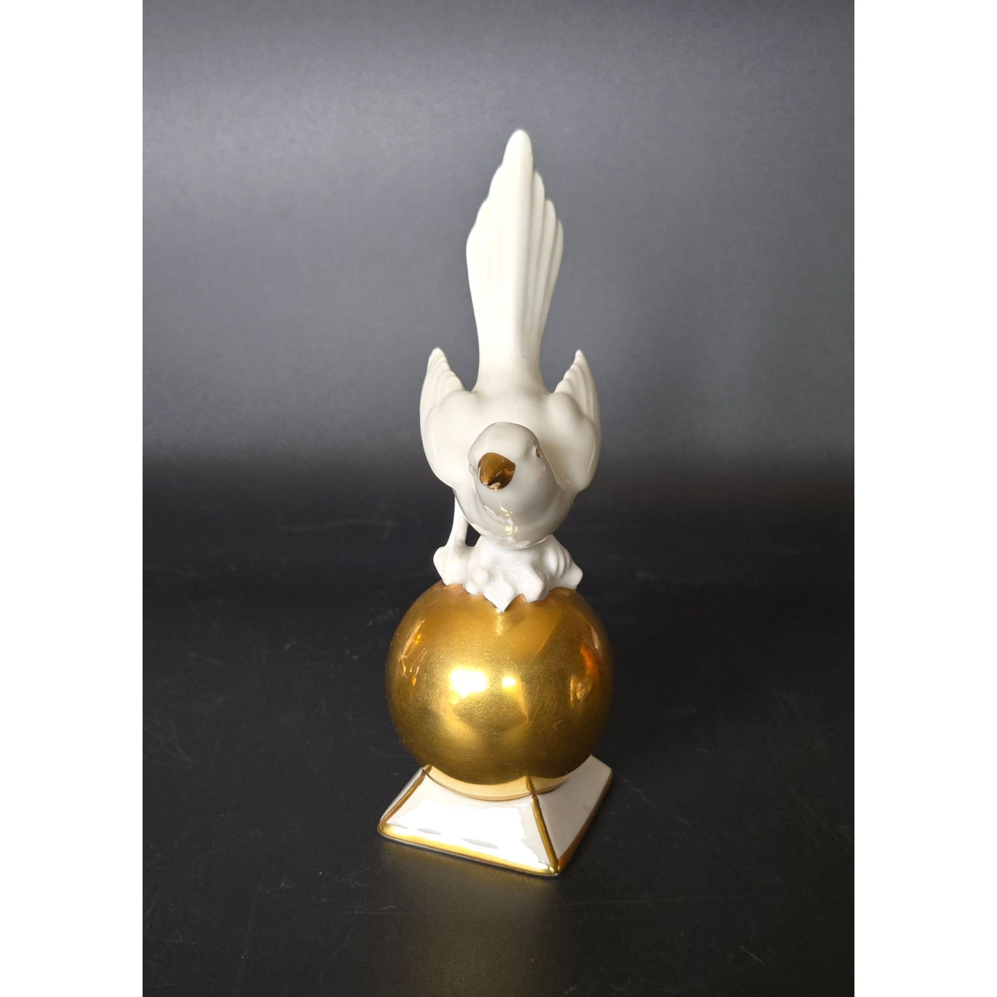 NEU-TETTA Bavarian Porcelain Bird decor, White and Gold, Bird on Ball 5.5", 1930s
