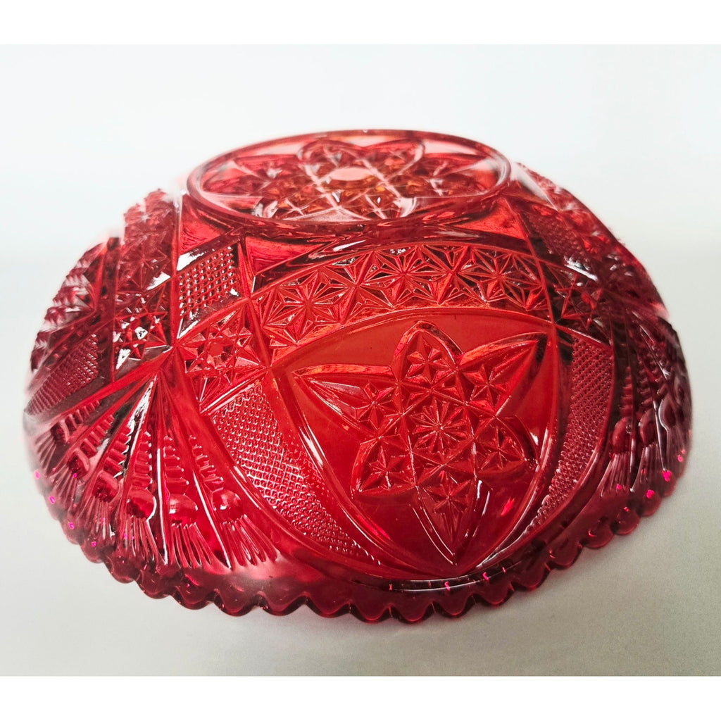 Vintage Brockwitz Amberina Red Pressed Glass Bowl, Intricate Starburst Pattern And Scalloped Edge