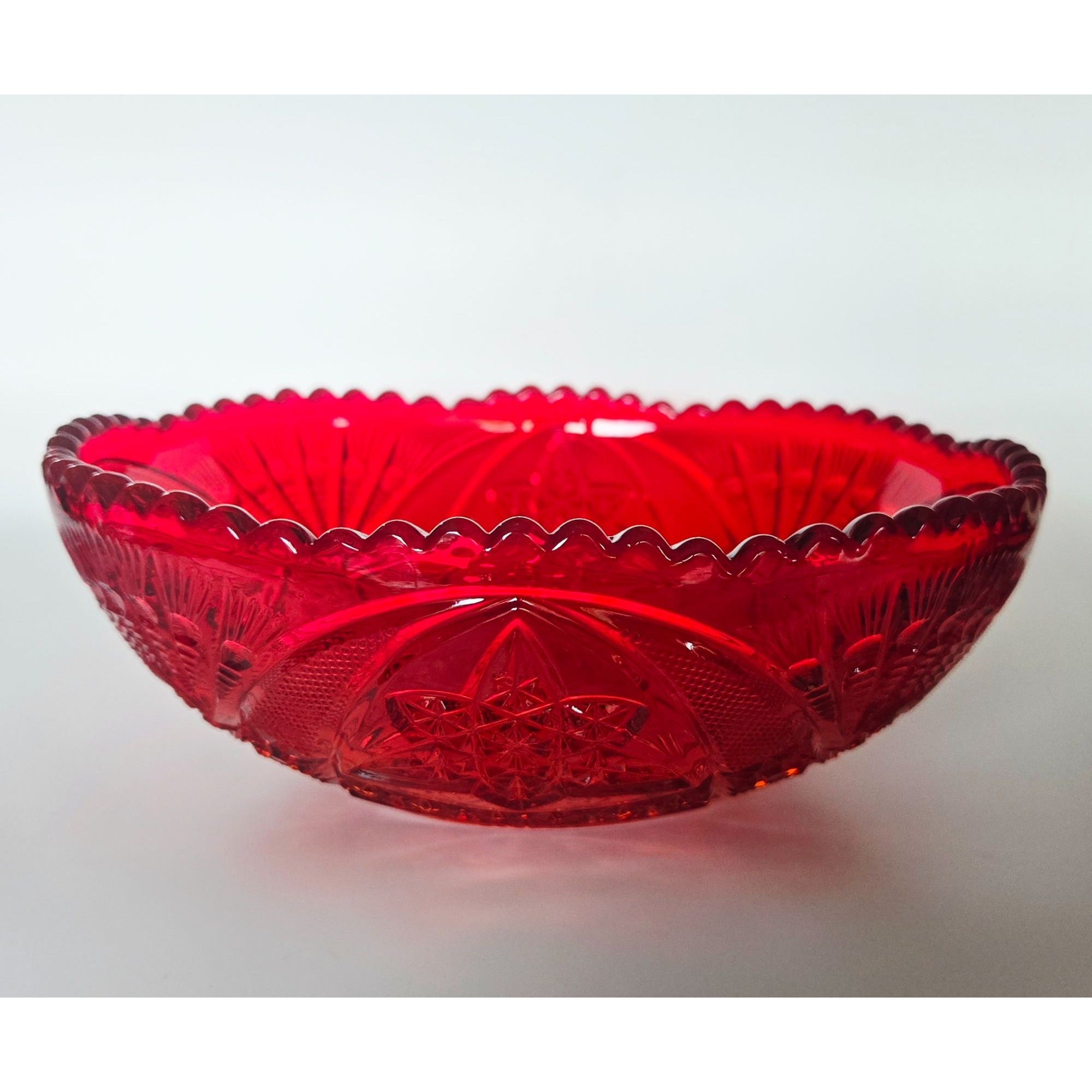 Vintage Brockwitz Amberina Red Pressed Glass Bowl, Intricate Starburst Pattern And Scalloped Edge