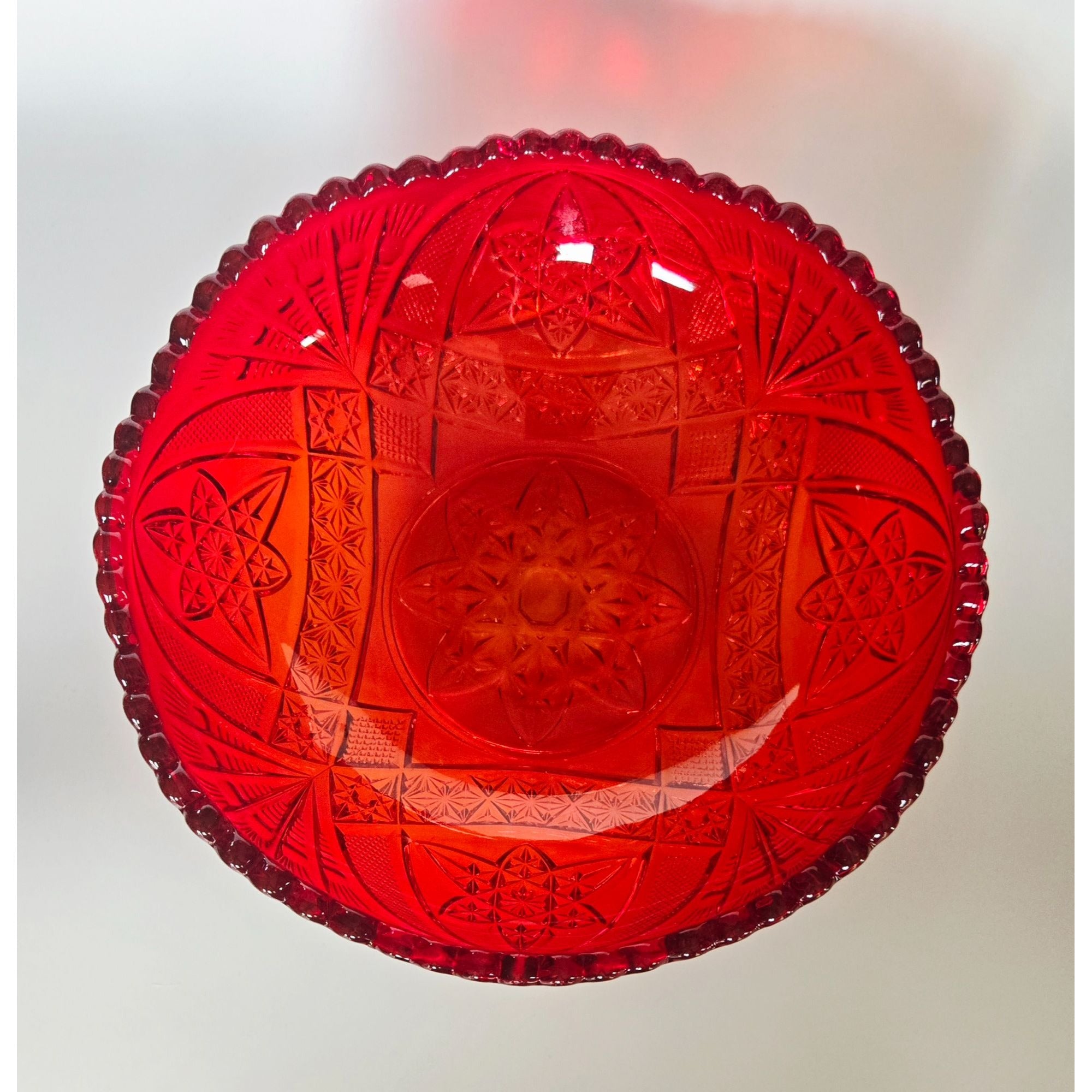 Vintage Brockwitz Amberina Red Pressed Glass Bowl, Intricate Starburst Pattern And Scalloped Edge