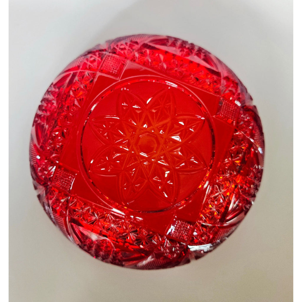 Vintage Brockwitz Amberina Red Pressed Glass Bowl, Intricate Starburst Pattern And Scalloped Edge