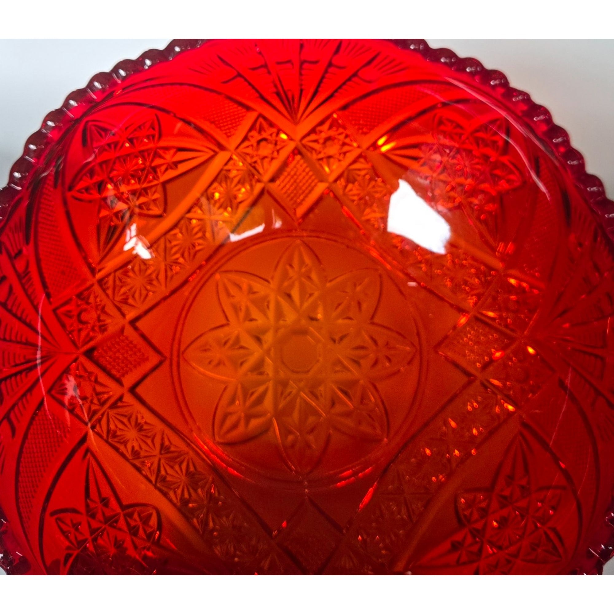 Vintage Brockwitz Amberina Red Pressed Glass Bowl, Intricate Starburst Pattern And Scalloped Edge