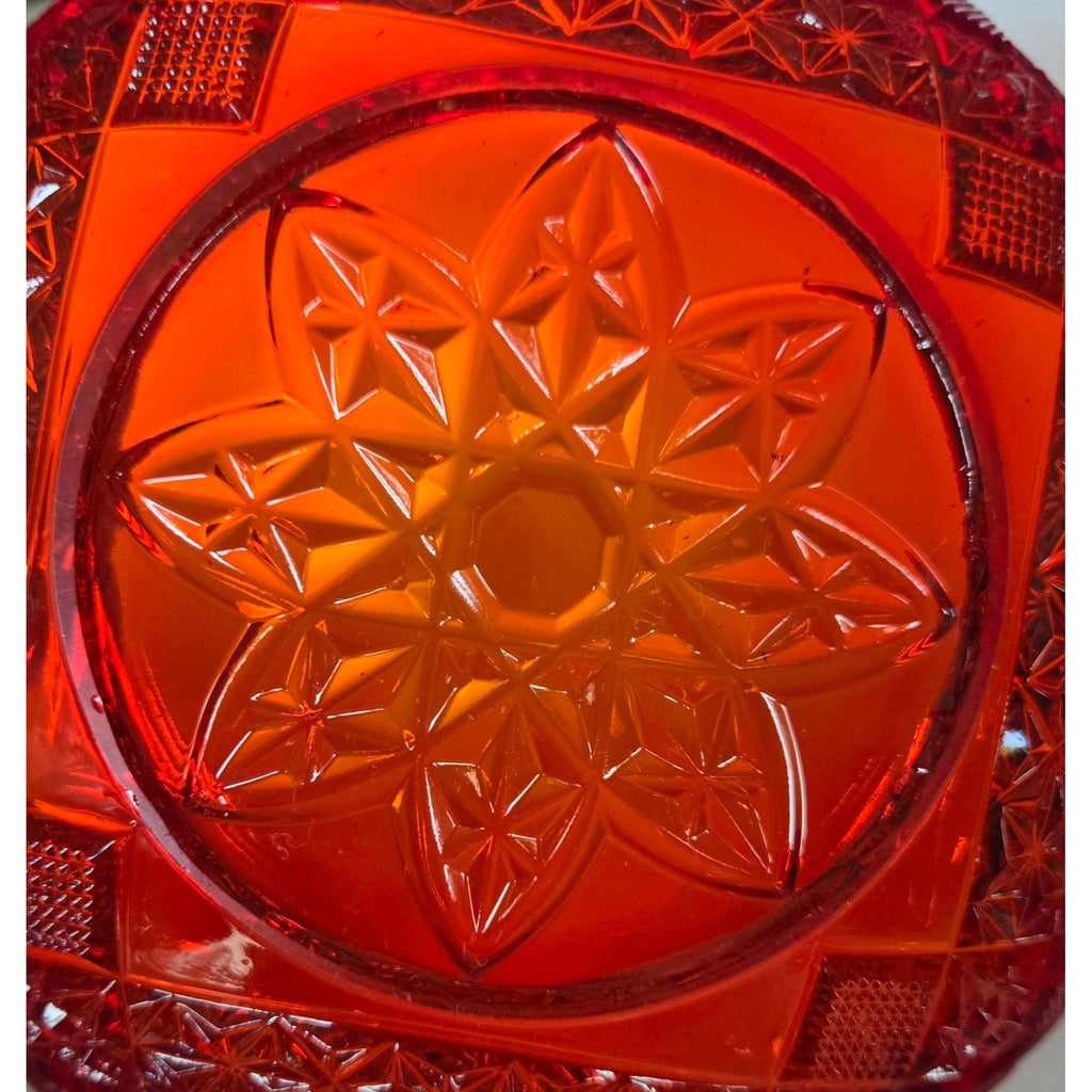 Vintage Brockwitz Amberina Red Pressed Glass Bowl, Intricate Starburst Pattern And Scalloped Edge