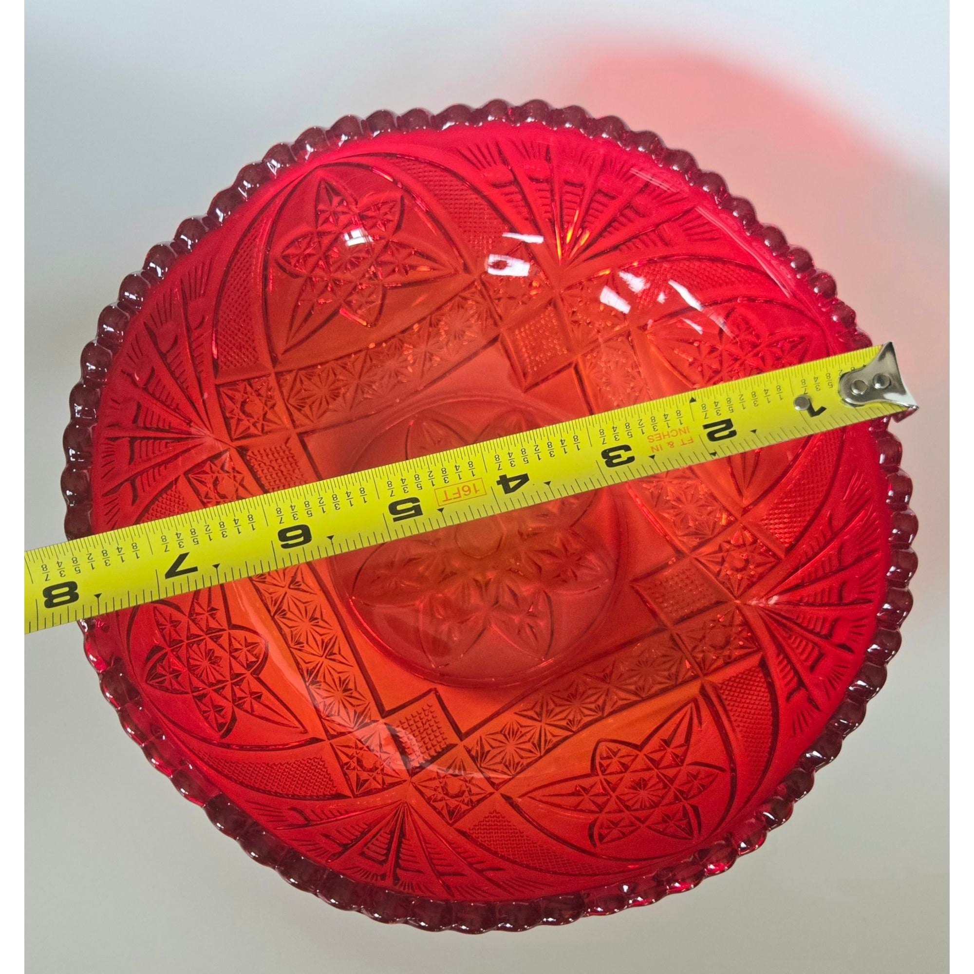 Vintage Brockwitz Amberina Red Pressed Glass Bowl, Intricate Starburst Pattern And Scalloped Edge