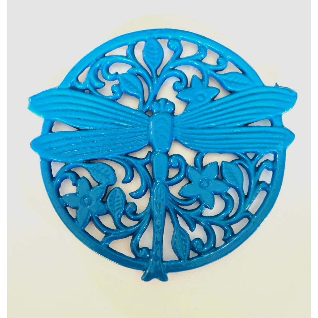 Beautiful Draginfly Aqua blue Cast Iron Trivet with Scrollwork Excellent Condition. 7.5"