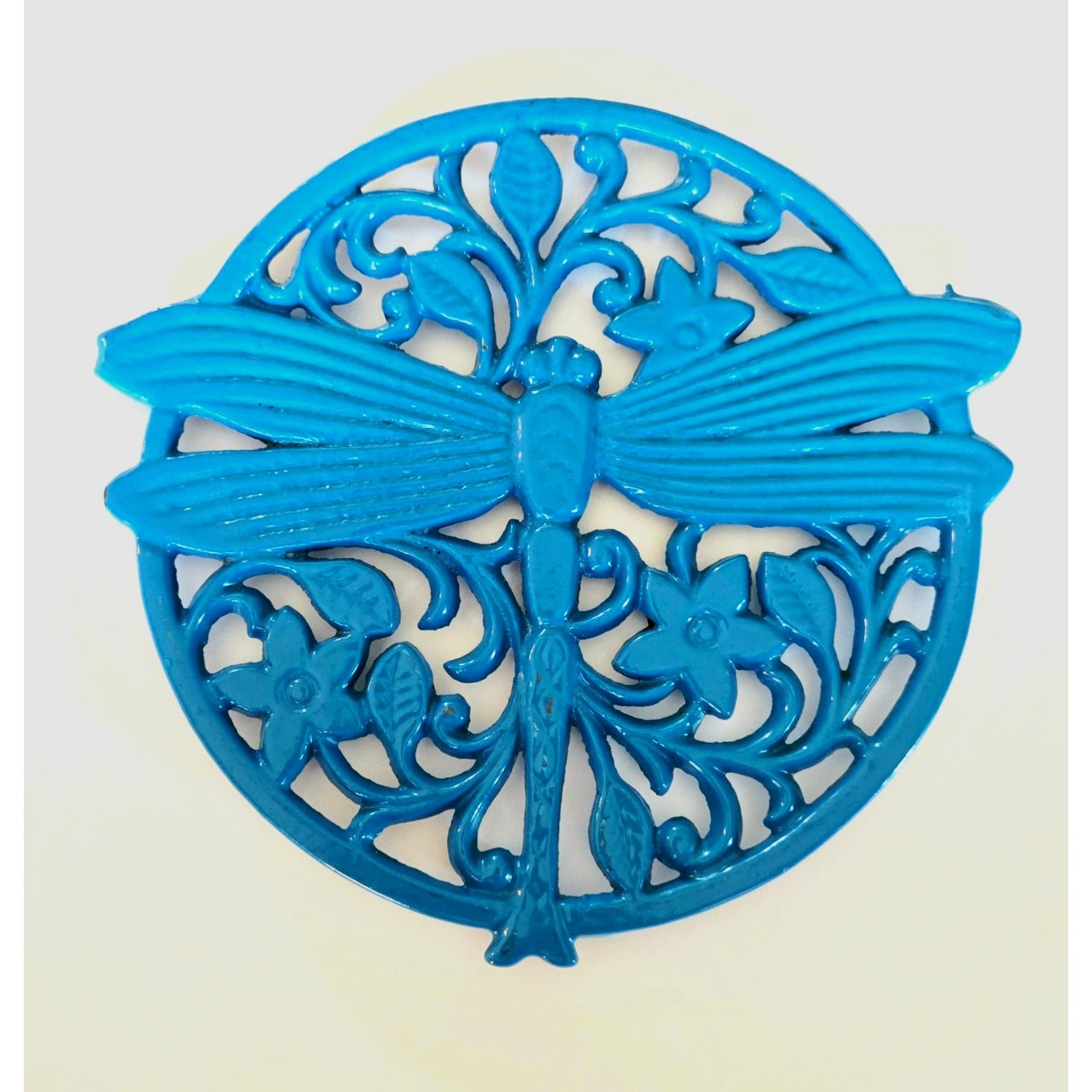 Beautiful Draginfly Aqua blue Cast Iron Trivet with Scrollwork Excellent Condition. 7.5"