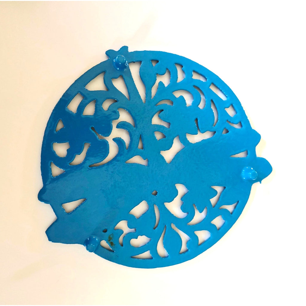 Beautiful Draginfly Aqua blue Cast Iron Trivet with Scrollwork Excellent Condition. 7.5"