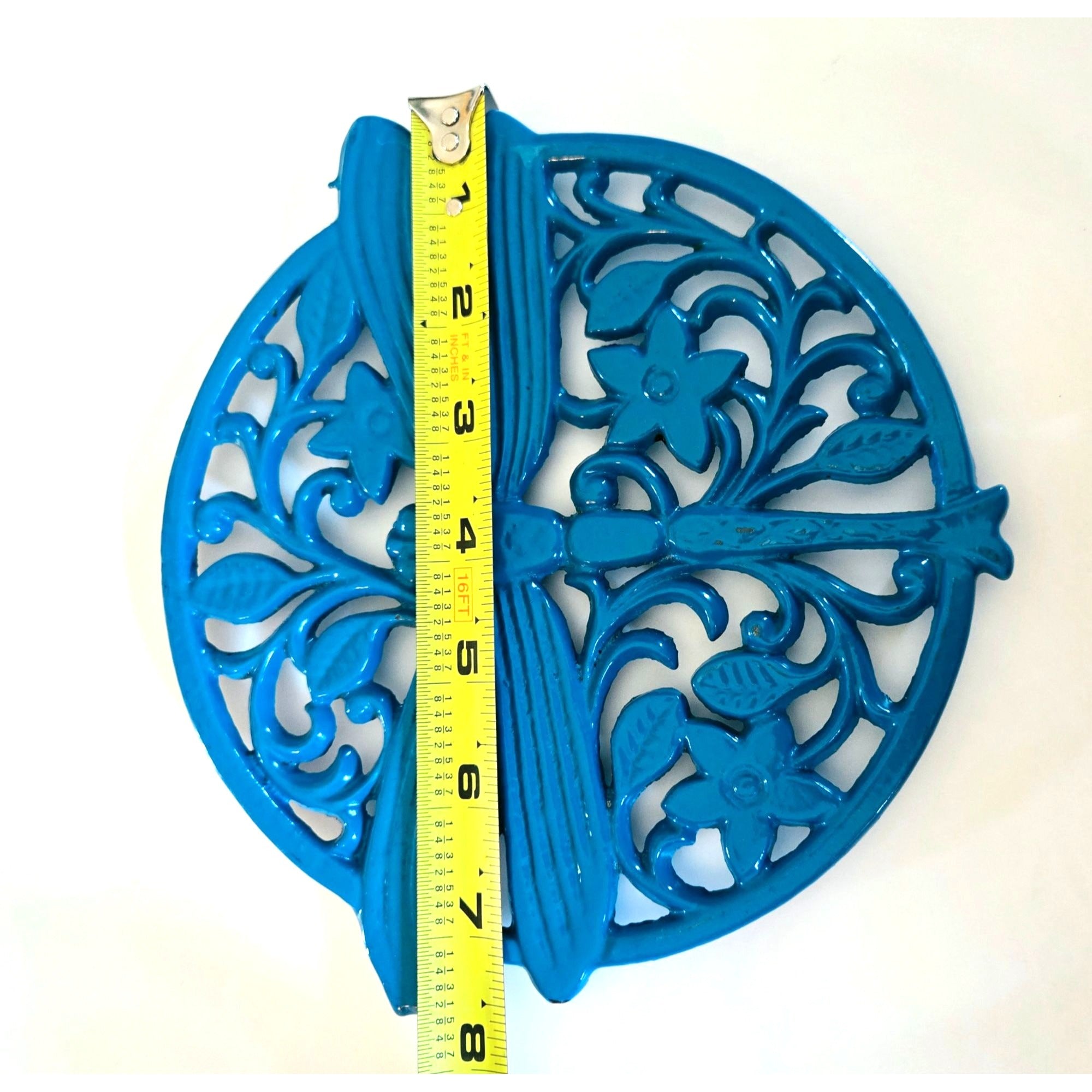 Beautiful Draginfly Aqua blue Cast Iron Trivet with Scrollwork Excellent Condition. 7.5"