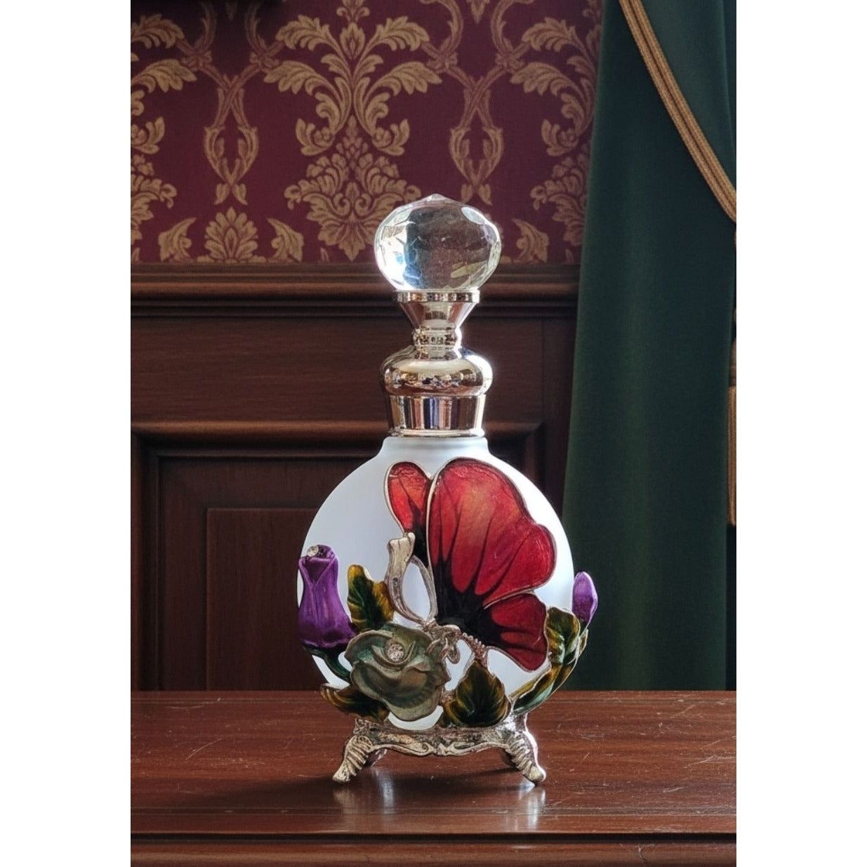 Butterfly perfume Bottle Frosted With Floral Accents & Crystal Stopper