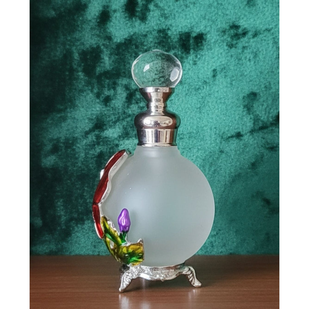 Butterfly perfume Bottle Frosted With Floral Accents & Crystal Stopper