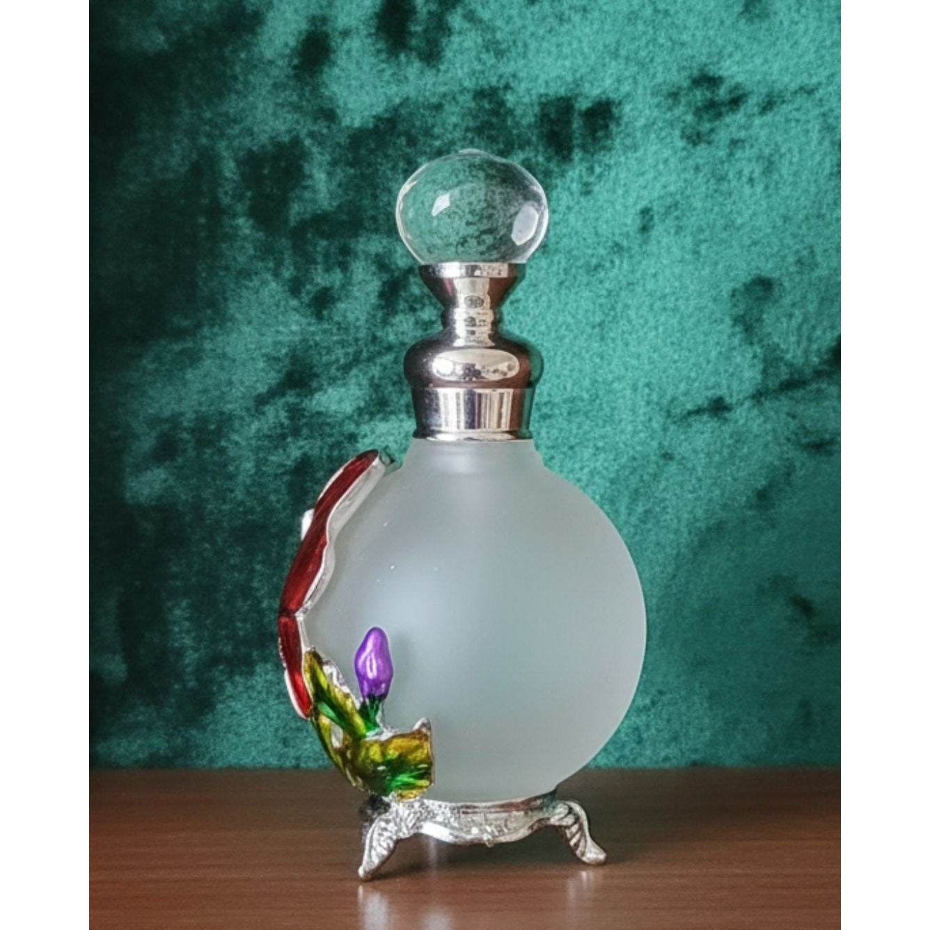 Butterfly perfume Bottle Frosted With Floral Accents & Crystal Stopper