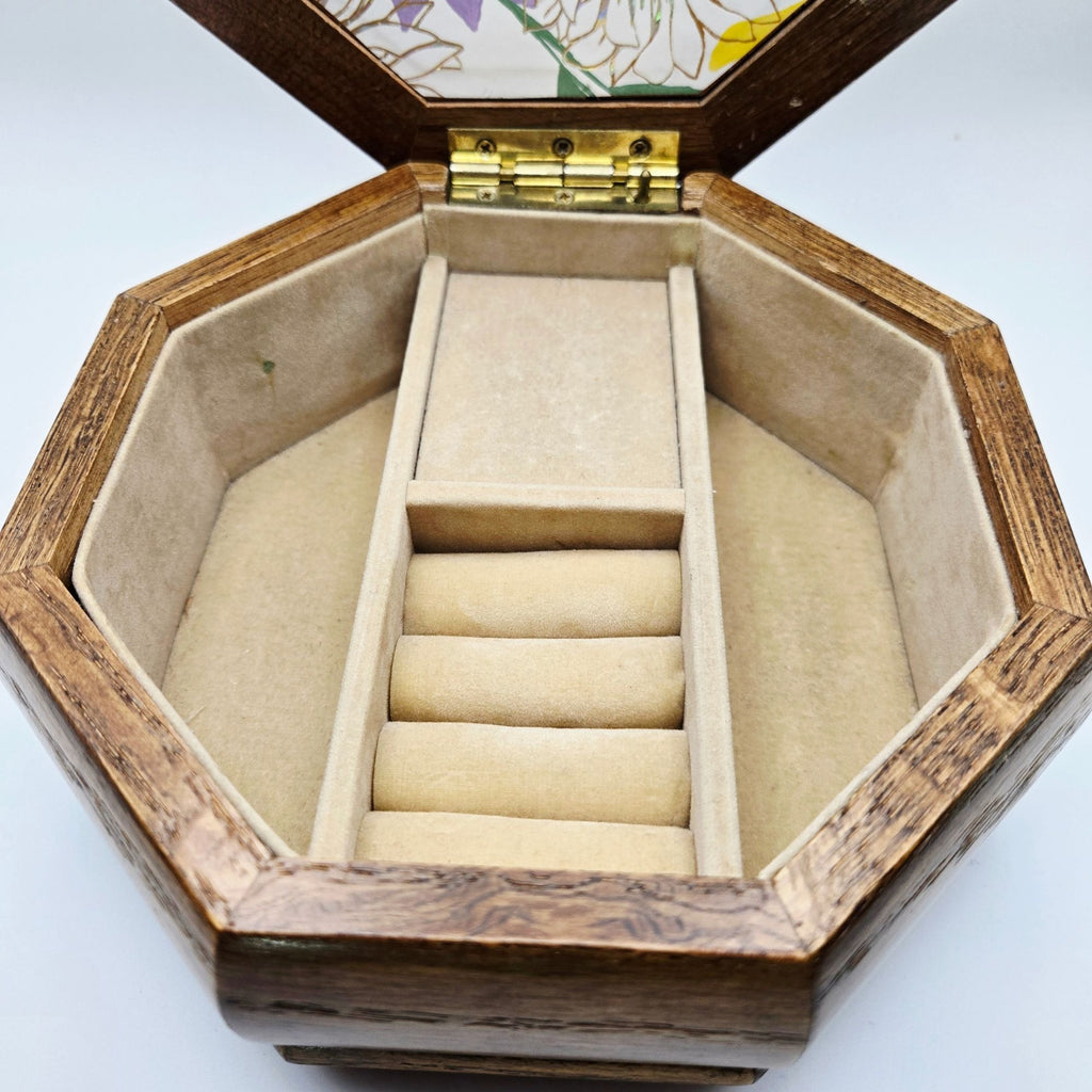 Oak Music Box Jewelry Box with Fairy on Lid, Clean Good Condition.  Plays Music Box Dancer tune.