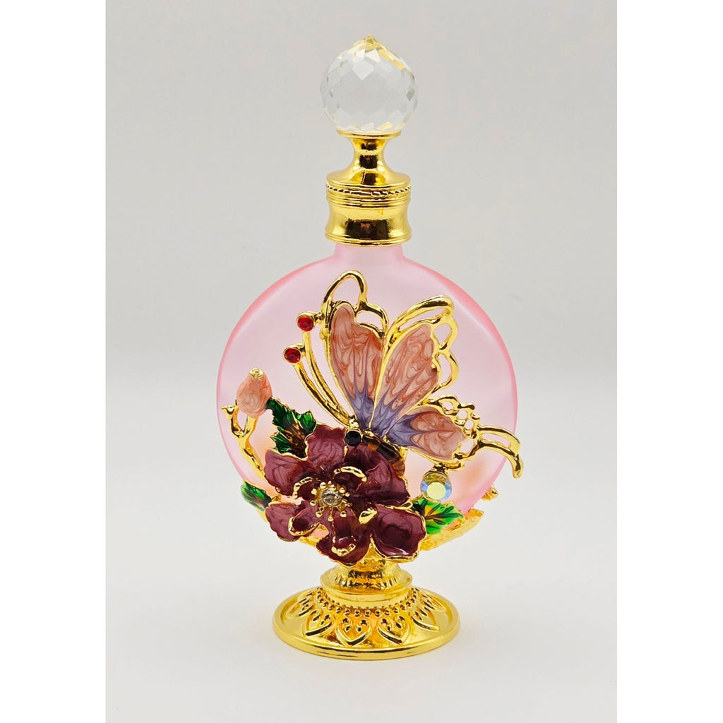 Decorative Pink Glass & Ormolu Perfume Bottle With Butterfly & Flower Accents