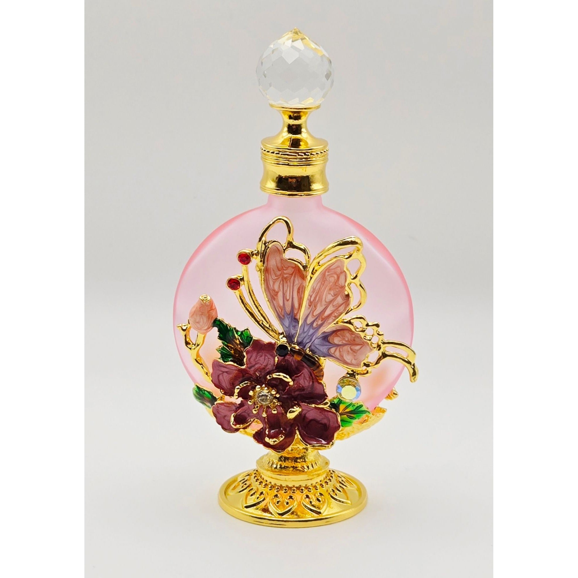 Decorative Pink Glass & Ormolu Perfume Bottle With Butterfly & Flower Accents