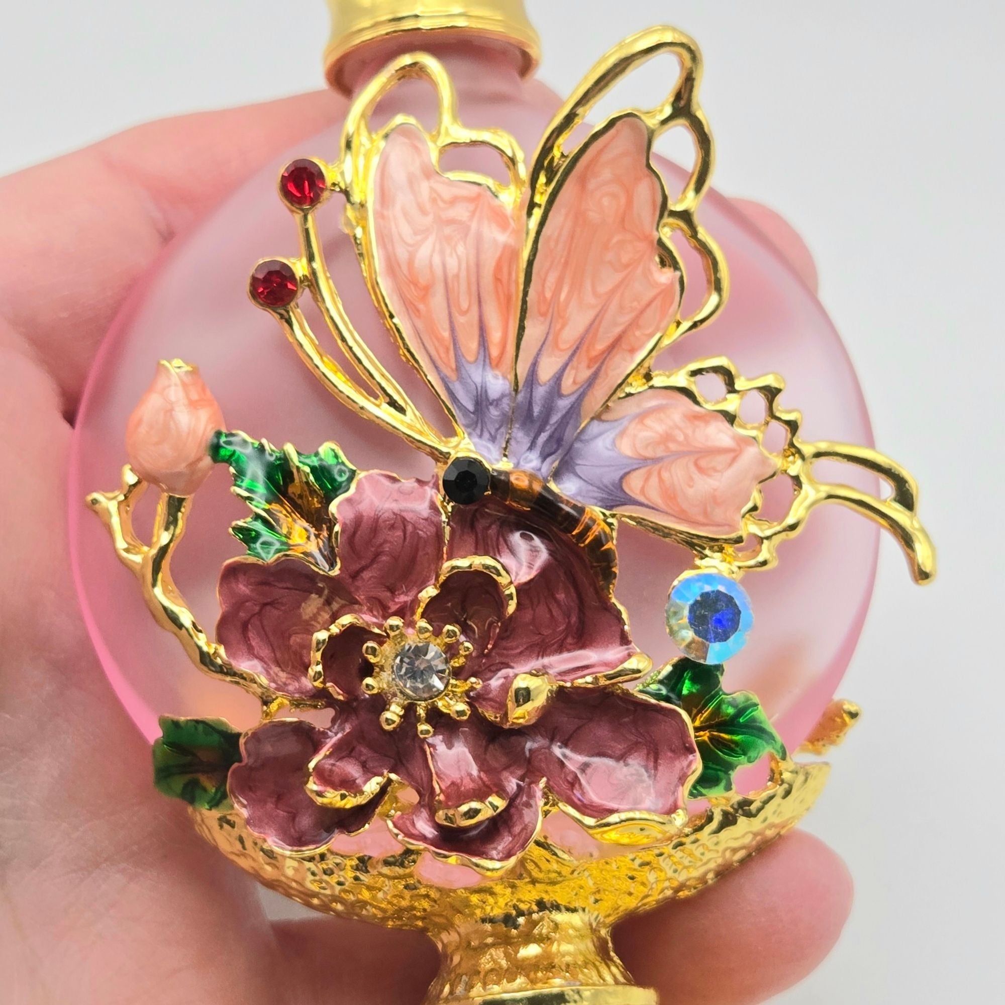 Decorative Pink Glass & Ormolu Perfume Bottle With Butterfly & Flower Accents