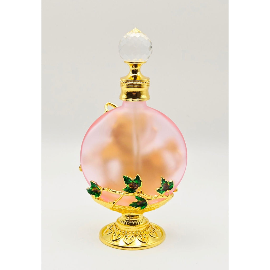 Decorative Pink Glass & Ormolu Perfume Bottle With Butterfly & Flower Accents