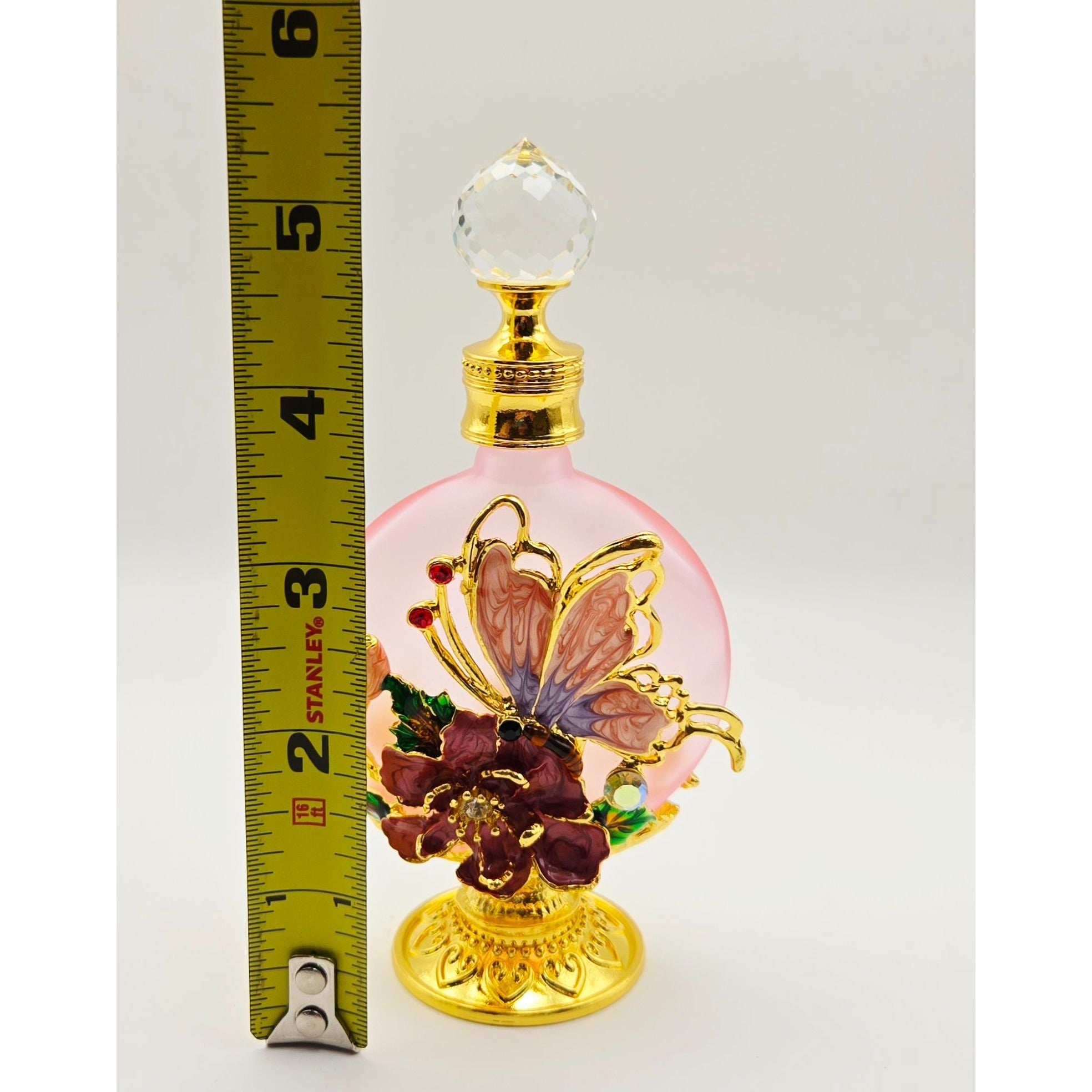 Decorative Pink Glass & Ormolu Perfume Bottle With Butterfly & Flower Accents