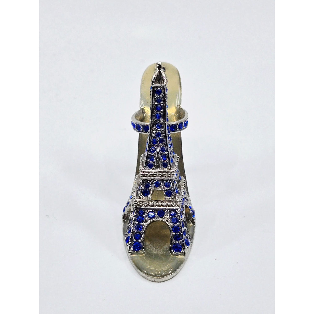 Eiffel Tower Shoe Miniature With Blue Rhinestones & Metallic Silver Finish 3.5 Inches