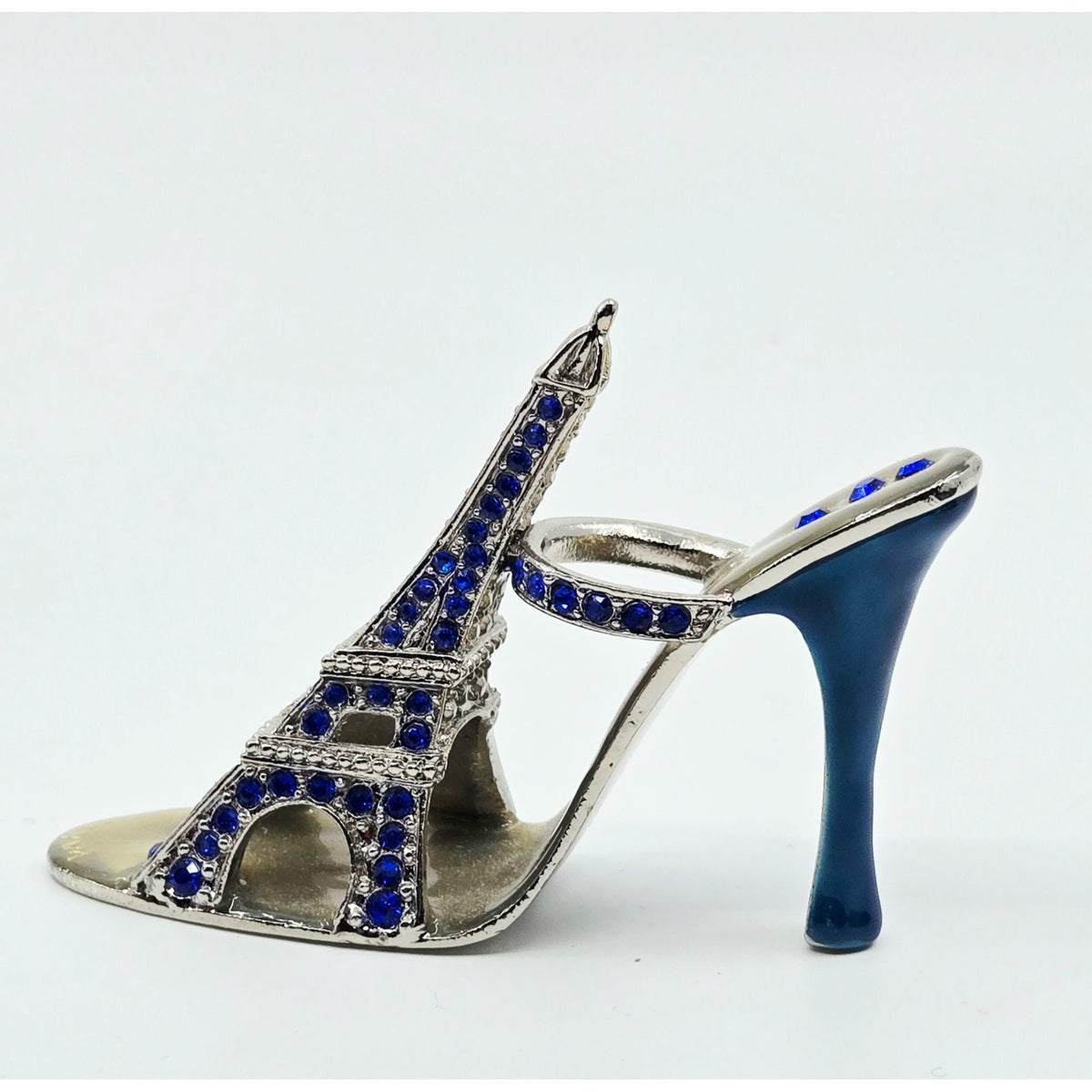 Eiffel Tower Shoe Miniature With Blue Rhinestones & Metallic Silver Finish 3.5 Inches