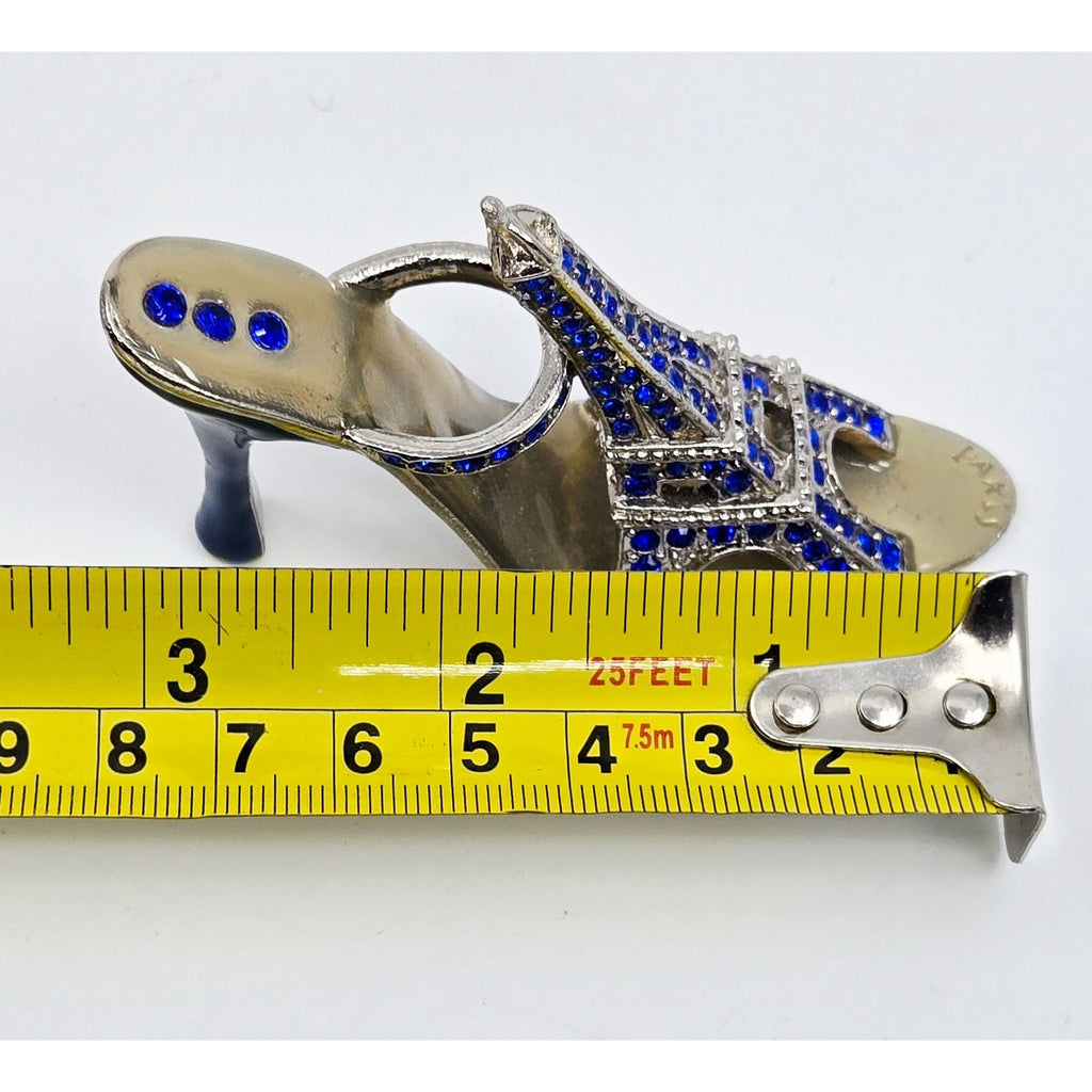 Eiffel Tower Shoe Miniature With Blue Rhinestones & Metallic Silver Finish 3.5 Inches