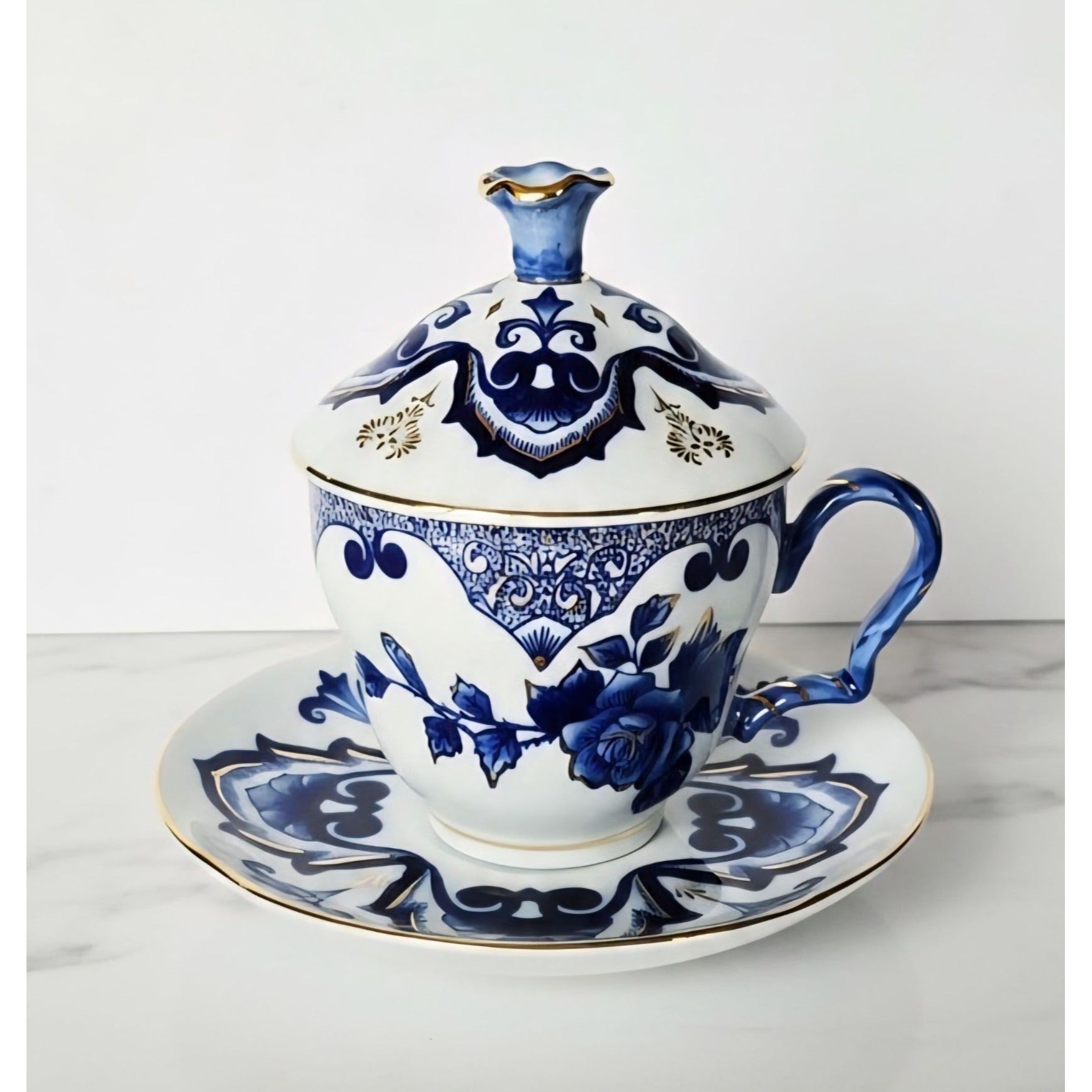 Vintage Bombay Ornate Porcelain Tea Cup Set Navy Gold Floral Design Elegant Collectible