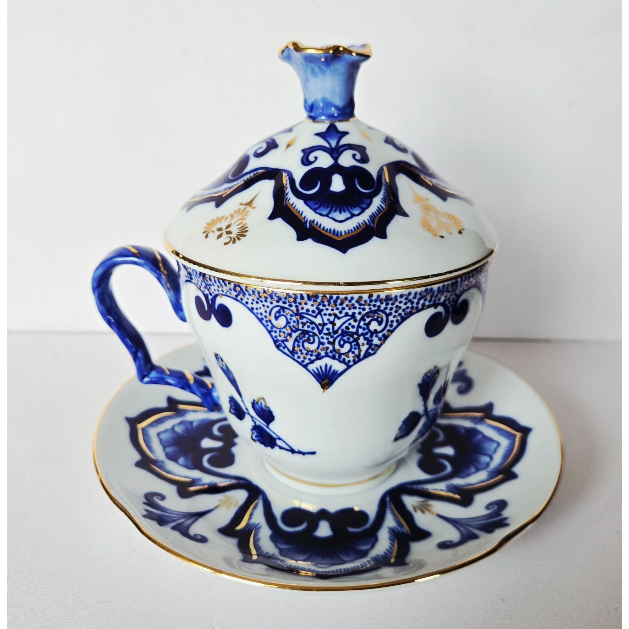 Vintage Bombay Ornate Porcelain Tea Cup Set Navy Gold Floral Design Elegant Collectible