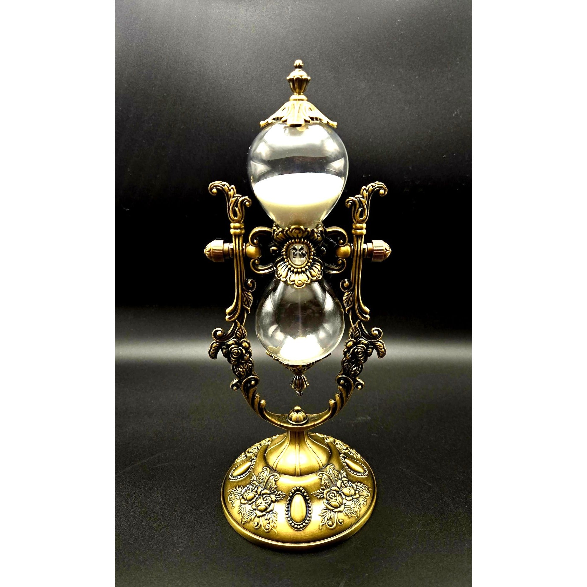 Elegant Ornate Hourglass With Victorian-Inspired Brass Frame Dual Glass Chambers & White Sand Decorative Desk Timer