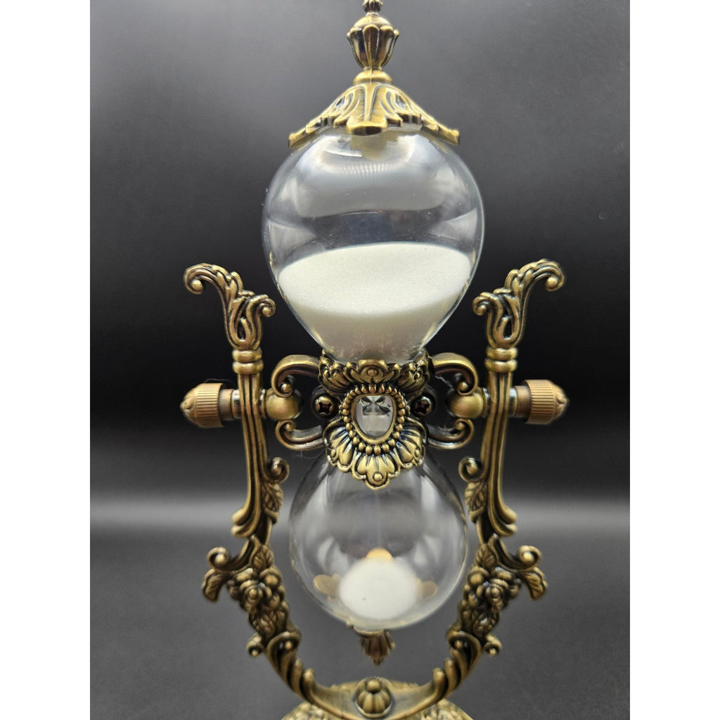 Elegant Ornate Hourglass With Victorian-Inspired Brass Frame Dual Glass Chambers & White Sand Decorative Desk Timer