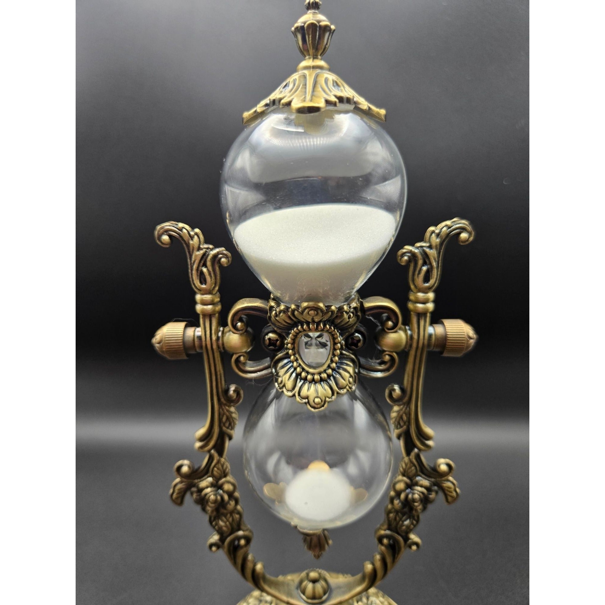 Elegant Ornate Hourglass With Victorian-Inspired Brass Frame Dual Glass Chambers & White Sand Decorative Desk Timer