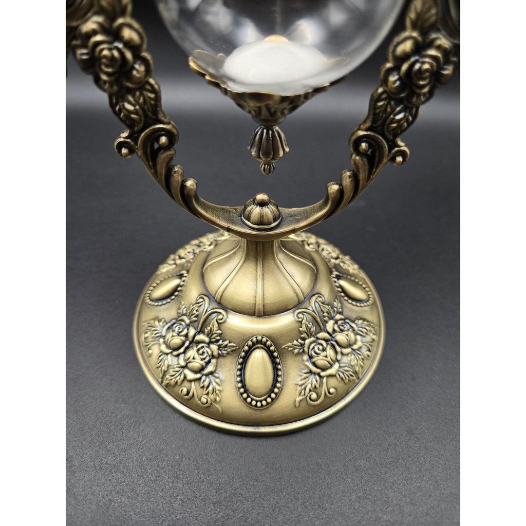 Elegant Ornate Hourglass With Victorian-Inspired Brass Frame Dual Glass Chambers & White Sand Decorative Desk Timer